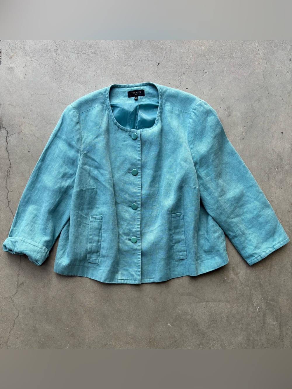 Talbots Woman 22W Aqua Blue 100% Linen Cropped Jacket Blazer